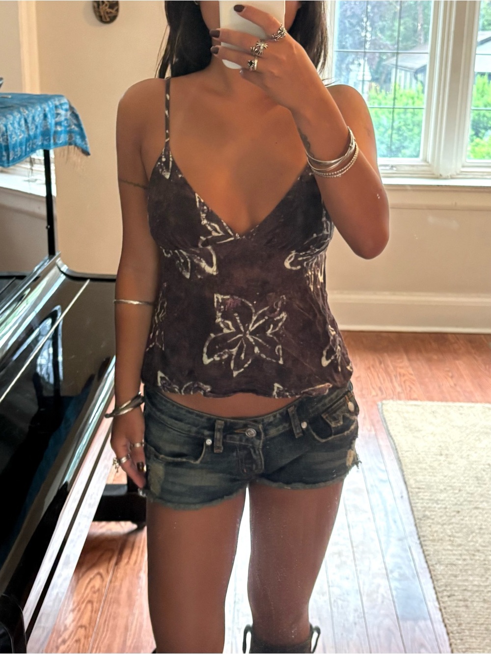 Pull and Bear Purple and Green Floral Print Cami Tank Top